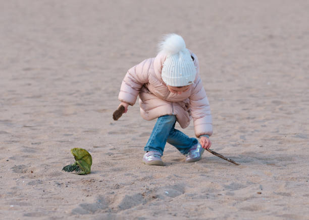 Little girl is playing on an empty beach on a cold day