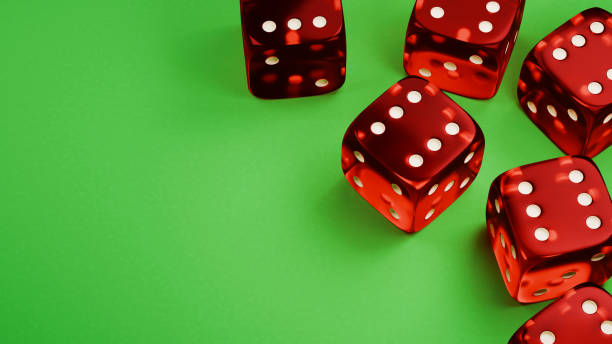 istock Gambling game banner. Six red dice on the green table. 3d render. 2152657924