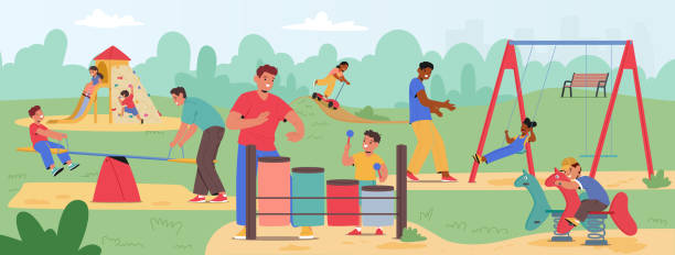 Fathers and Children Enjoying a Sunny Day at the Playground, Playing on Slides and Swings Cartoon Vector Illustration Fathers And Their Children Happily Engaged In Various Activities At Local Playground. Dads Interacting With Their Kids, Pushing Swings And Supervising Play, Amidst A Backdrop Of Greenery And Cityscape play day stock illustrations