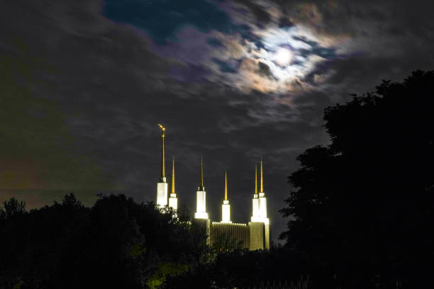 Seagull Monument and Assembly Hall of Latter-day Saint congregation on Temple Square, Salt Lake City, Utah, USA