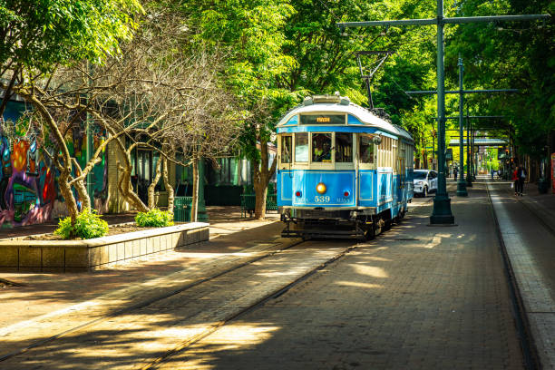 Memphis, TN, USA - 04-22-2024: Main Street Blue Trolley in Memphis vintage attraction and transportation