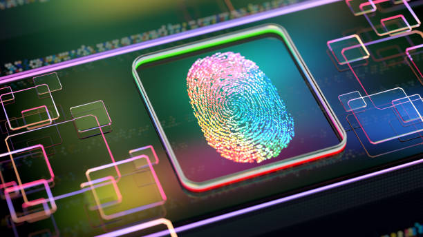 istock Colorful Fingerprint - Person identity. Digital concept UI with touch screen biometrics security. 2152661003