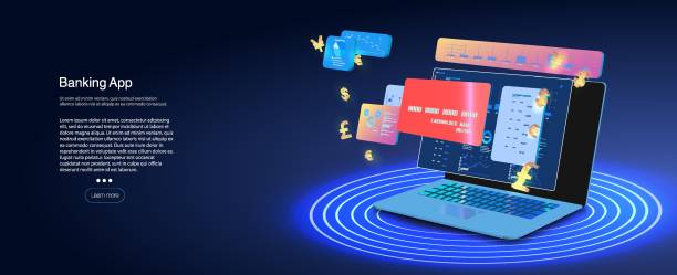 istock Digital Banking Ecosystem - A Vibrant Illustration of Online Banking App Interface, Credit Cards, and Financial Transactions on a Laptop Screen 2152667098