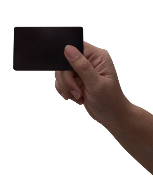 istock The man's hand holds a black card isolated on white background. 2152667624