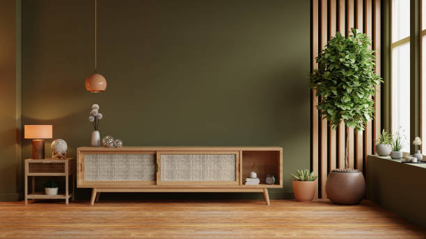 istock Wood shelf tv in modern empty room with green wall,minimal design- 3D rendering 2152670217