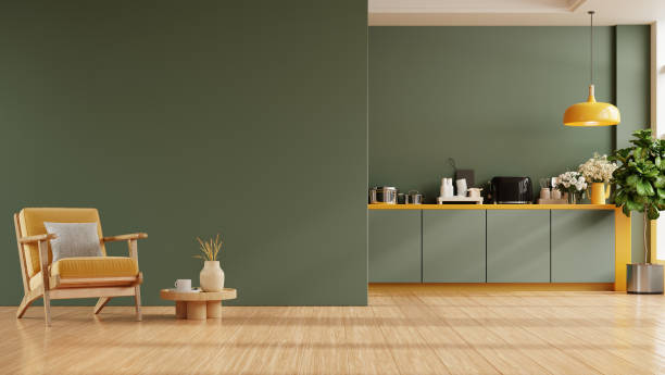 Green kitchen and minimalist interior design with yellow armchair- 3D rendering
