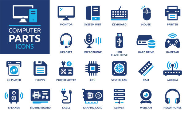 symbolsatz für computerteile. solide icon-sammlung. - computerteil stock-grafiken, -clipart, -cartoons und -symbole
