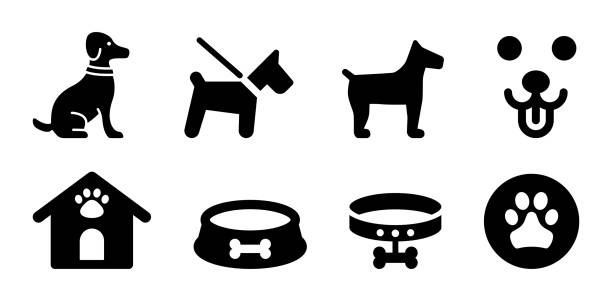 Dog icon set, symbol vector illustration. Containing dog on leash, dog house, bowl, collar, paw and leash icons. dog stock illustrations
