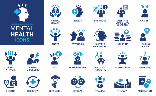 illustrations, cliparts, dessins animés et icônes de ensemble d’icônes de santé mentale. psychologie symbole solide illustration vectorielle. - syndrome bipolaire