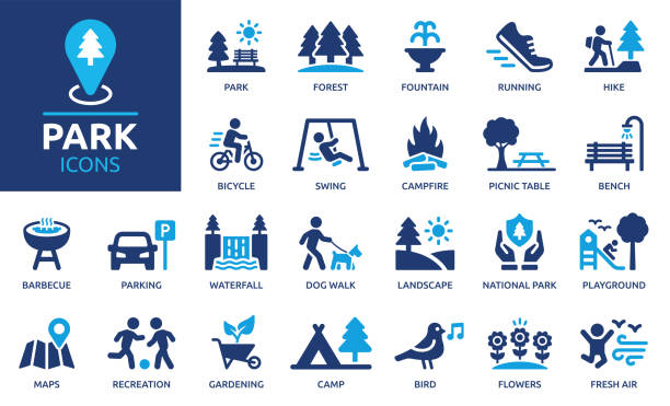 Containing forest, barbecue, camp, bench, picnic and playground icons. Park leisure and outdoor activity symbols.