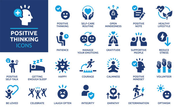 Set of positive thinking icon. Vector illustration. Containing self-care, optimism, be loved, healthy lifestyle, happiness, positive mindset and more icons. Solid icon collection. mental wellbeing stock illustrations