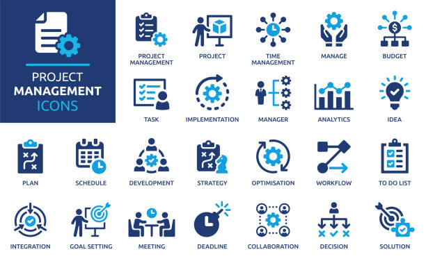 Project management icon collection. Time management and planning concept. Solid icon set. to do list stock illustrations