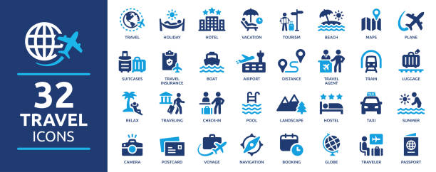 Travel icon set. Collection of traveling and tourism elements. Summer vacations and holiday symbol vector icon set illustration. tourism stock illustrations