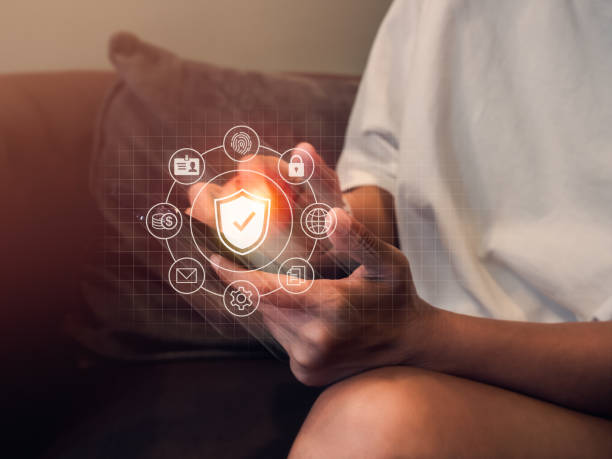 istock Personal security information, internet online transaction on smartphone, financial, banking, data network concepts. Shield icon with technology circular icons appear on screen, mobile phone in hand. 2152673056