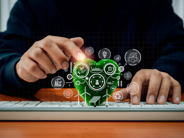 istock Environmental, social, and governance, sustainable organization development and investment concept. ESG management icons with renewable symbols with man pointing green heart ball on desk in workplace. 2152673127