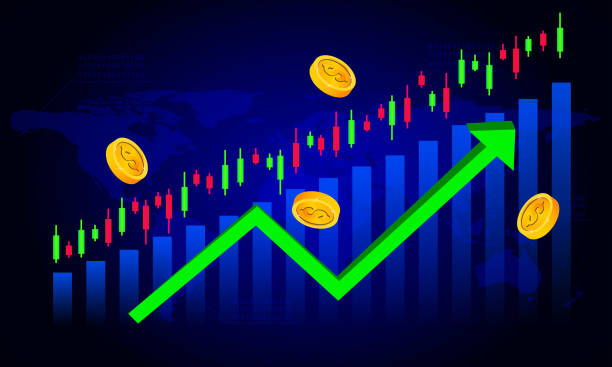 istock green arrow up with coins and candlestick chart Stock Market Finance Technology vector illustration 2152678842