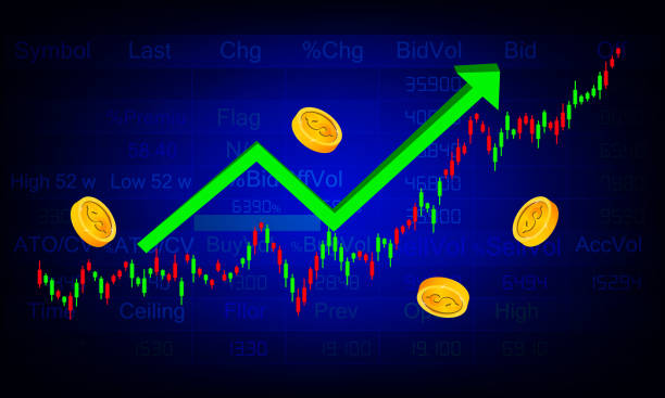 istock green arrow up with coins and candlestick chart Stock Market Finance Technology vector illustration 2152678843