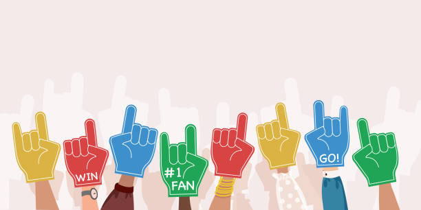 istock Fan foam fingers border background. Hands up with foam gloves. stadium supporter pride accessory, football victory symbol. Sport team cheering, first place in competition 2152680165