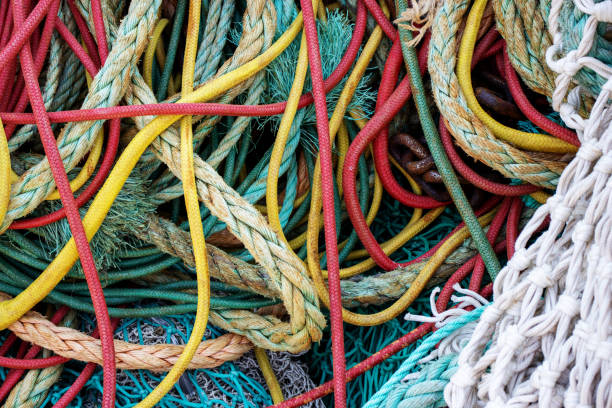istock multicoloured trawl ropes and nets with drawn ropes and footrope 2152681405