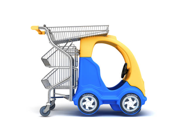 istock Baby blue car with a shopping basket in the right side back view 3d render on white 2152681410