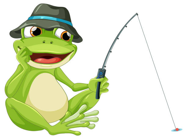 istock Cartoon frog fishing with a rod and hat 2152682776