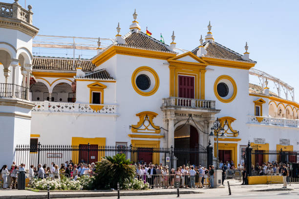 Spanish bullfighting arena in Seville, Spain. (Plaza de Toros de la Real Maestranza de Caballería de Sevilla, Spain)