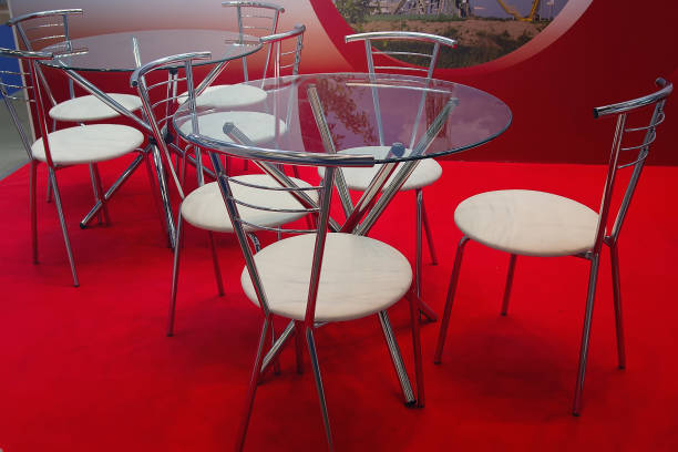 Tables, chairs and red carpet in the modern buffet