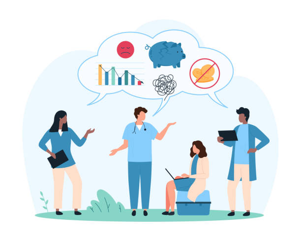 tiny people medical staff and sallary shortage set mono Reduction in salary for medical workers. Tiny people in medical uniform worried about low pay, sad doctors think about lack of money and savings, broken piggy bank cartoon vector illustration money shortage stock illustrations