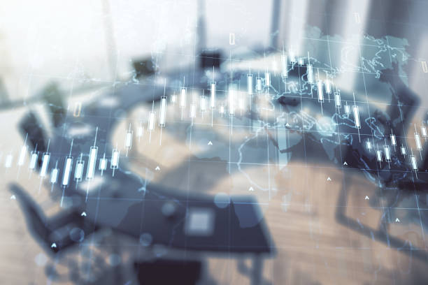 istock Double exposure of abstract creative financial chart hologram and world map on a modern meeting room background, research and strategy concept 2152687872