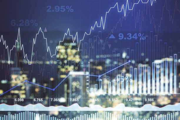 istock Abstract virtual financial graph hologram on blurry skyline background, forex and investment concept. Multiexposure 2152687896