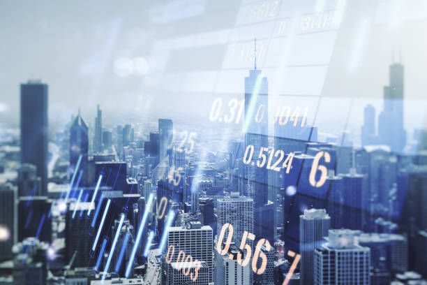 istock Multi exposure of abstract virtual financial graph hologram on Chicago skyline background, forex and investment concept 2152687901