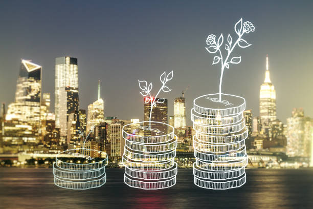 Virtual cash savings sketch on New York cityscape background, success and solution concept. Multi exposure