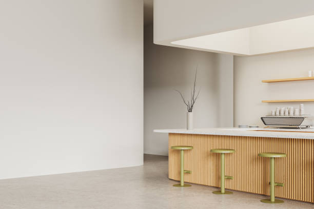 istock Modern cafe interior with bar island and coffee machine, mock up wall 2152689604