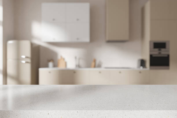 istock Quartz mock up empty countertop on background of kitchen interior with fridge 2152689751