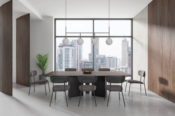 istock Modern home living room interior with eating table and chairs, panoramic window 2152690050