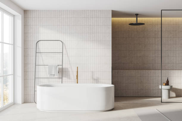 istock Cozy hotel bathroom interior with tub and glass shower, panoramic window 2152690396