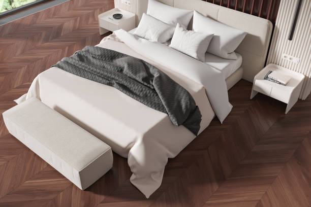 istock Top view of hotel bedroom interior with bed, nightstand and panoramic window 2152690509