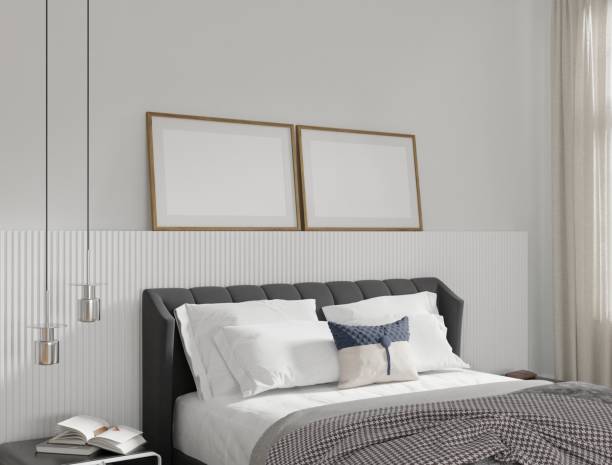 istock mockup bedroom cozy modern home interior, bed empty headboard lath pattern and white wall background. room 3D rendering 2152690959