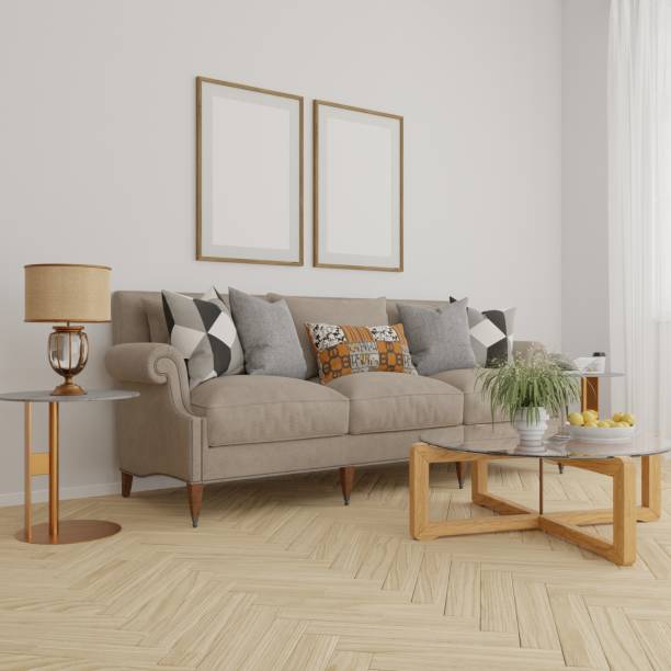 istock Frame mockup, interior frame, poster wood frame element and living room scandinavian style cozy in empty picture interior sofa and table wooden in illustration 3d rendering. 2152690970