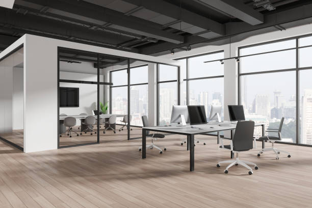 istock Cozy office interior with conference and coworking space, panoramic window 2152690990