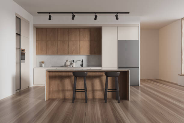 istock A modern kitchen interior with wooden features, light background, minimalistic design, emphasizing clean lines. 3D Rendering 2152691535