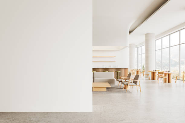 istock Modern restaurant interior with relax place, sofa and armchairs. Mock up wall 2152691554