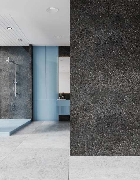 istock Gray and light blue bathroom interior with shower and empty wall 2152691910