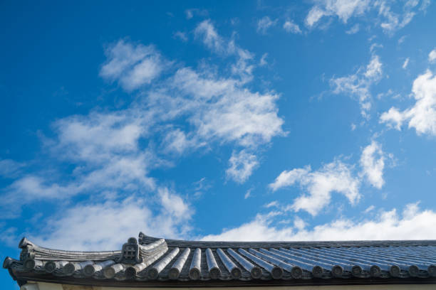 The blue sky beyond the roof tiles