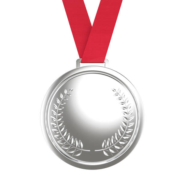 silver laurel wreath medal  vibrant red ribbon. victory,competition,prize