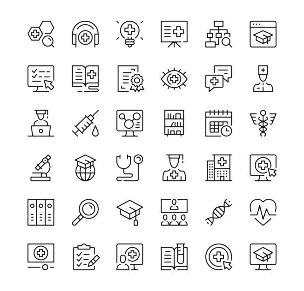 ilustraciones, imágenes clip art, dibujos animados e iconos de stock de conjunto de iconos de educación médica. iconos de líneas vectoriales. símbolos de trazo de contorno negro - estudiante de medicina