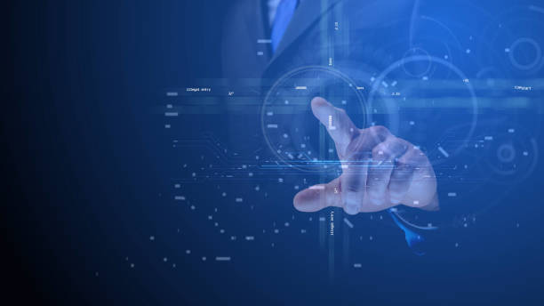 istock Circles and straight lines with light rays with electrons from an AI chip against the background of a person pointing at them with his hand. Blue correction. Cg 2152710668