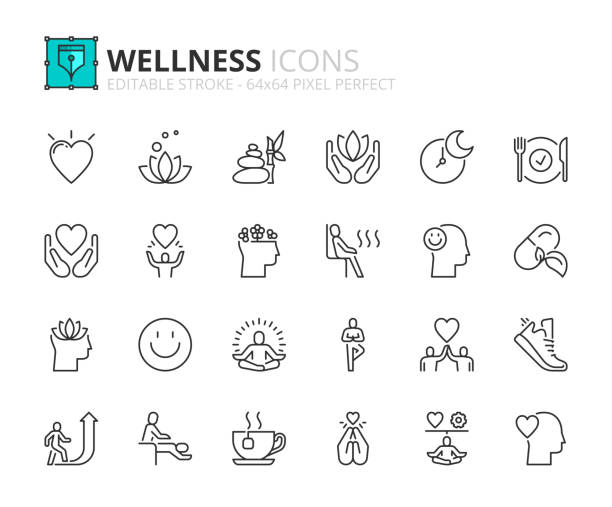 Line icons about wellness. Pixel perfect 64x64 and editable stroke Line icons about wellness. Contains such icons as relaxation, spirituality, meditation, healthy lifestyle and personal growth. Editable stroke. Vector 256x256 pixel perfect. anjali mudra stock illustrations