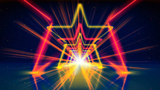 istock Flight movement through arcade of glowing neon tunnel, corridor, star. Abstract geometric background, flying in cyberspace. Red yellow gold neon arch, perspective. Bright golden glow. Design element 2152722309