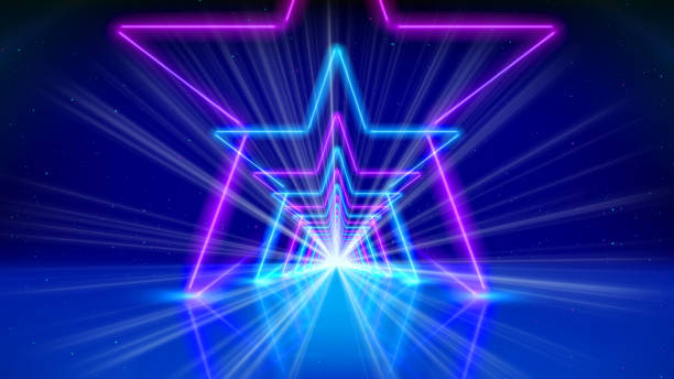 Flight movement through arcade. Glowing neon tunnel, corridor, star. Abstract geometric background, flying in cyberspace. Pink blue purple neon arch, perspective. Ultraviolet glow. Design element